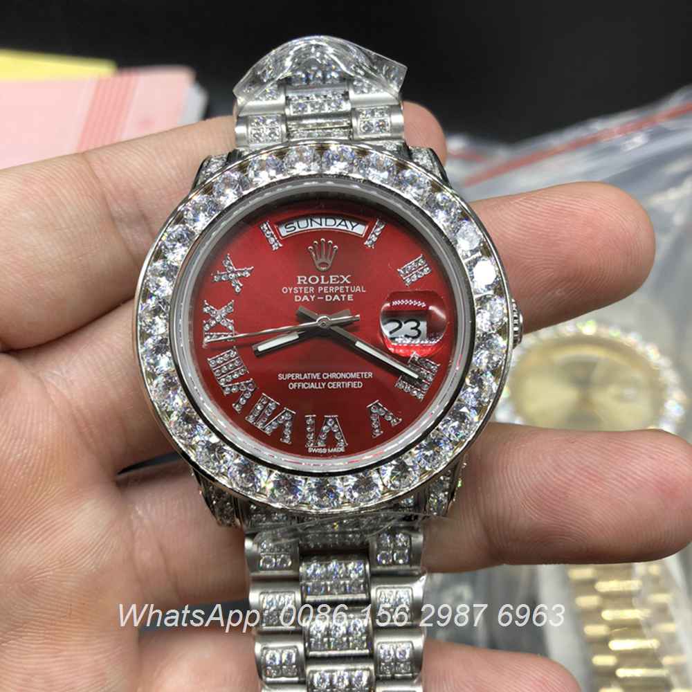 R092MH51, Rolex DayDate bright red face full diamonds