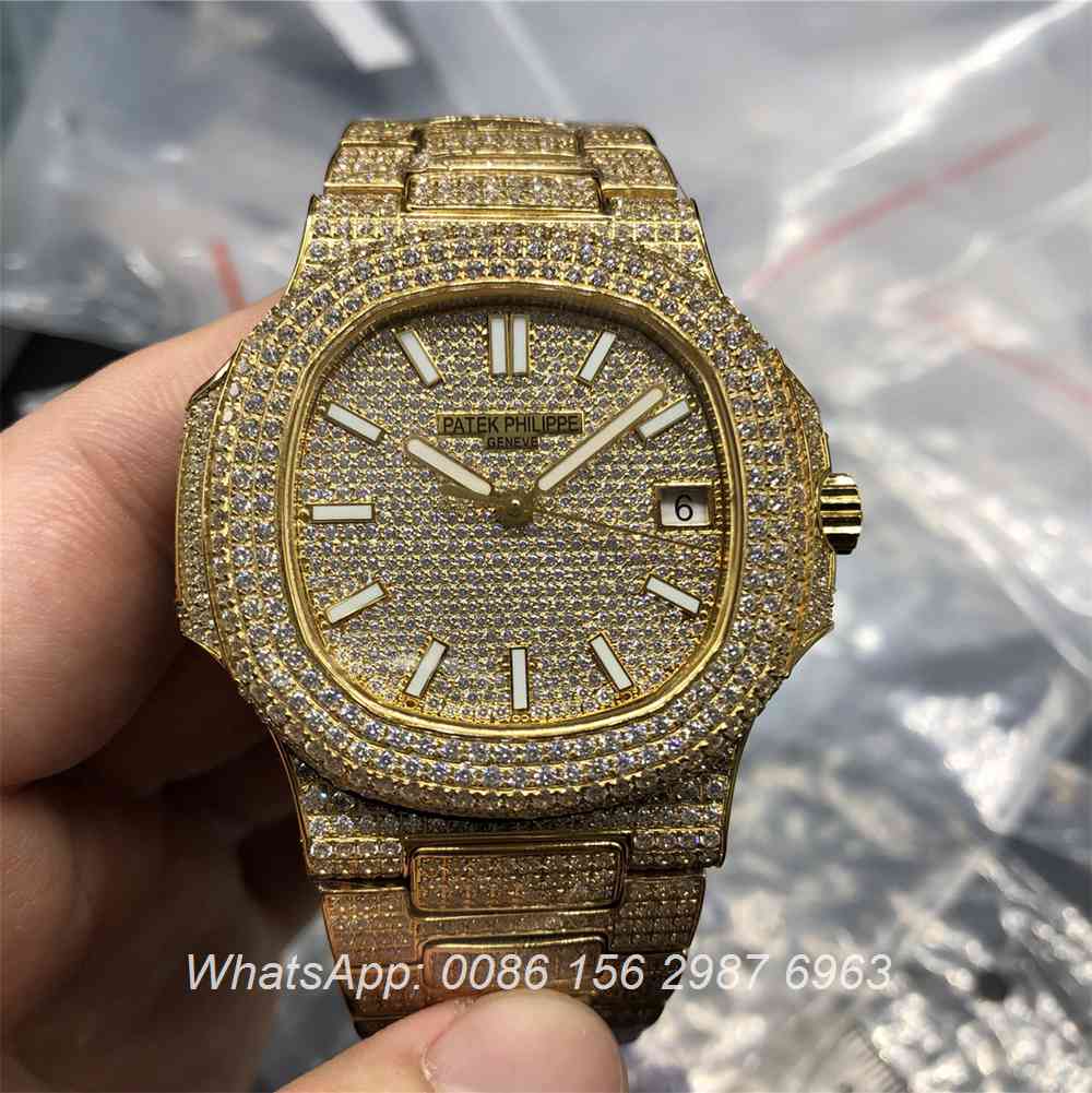 P260WT37, Patek Philippe iced Gold case shiny diamonds Swiss