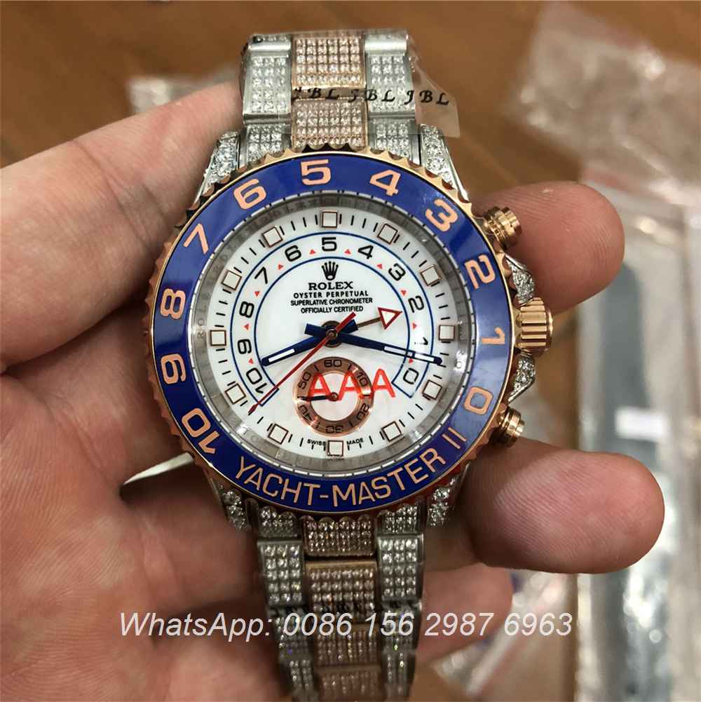R115MH78, Rolex YM two tone rose gold blue bezel full iced