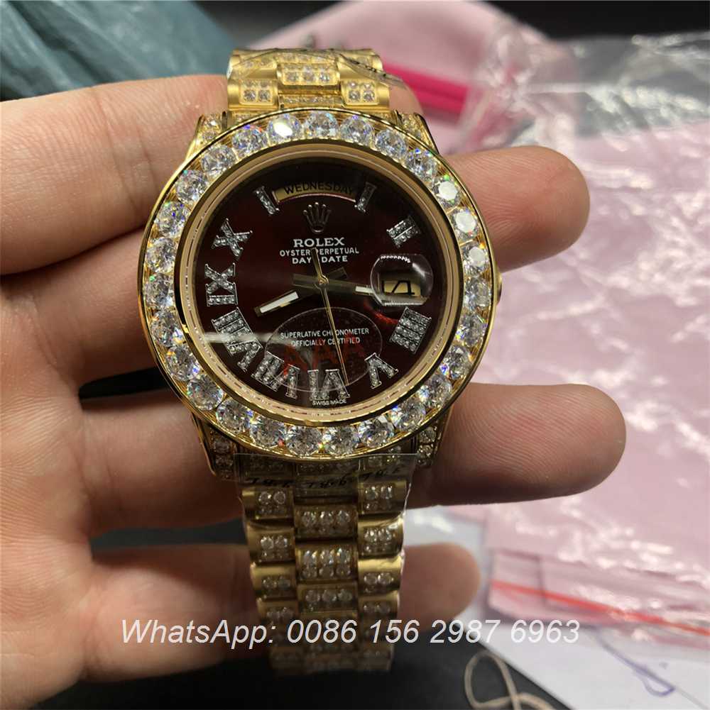 R097MH55, Rolex DayDate Dark red dial iced gold