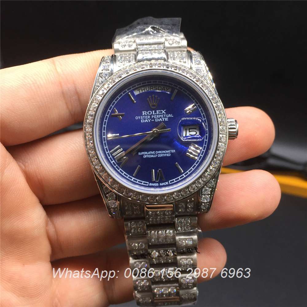 R092MH39, Rolex DayDate iced silver case blue dial 36mm