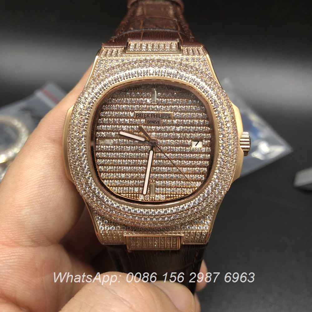 P085XJ96, Patek iced rose gold with brown leather automatic