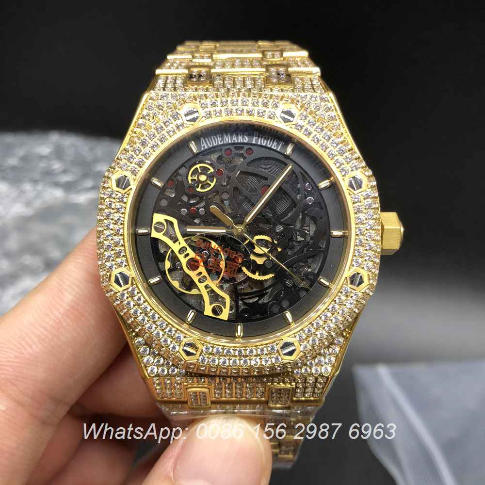 A155XJ93, AP Yellow gold skeleton full iced automatic shiny diamonds