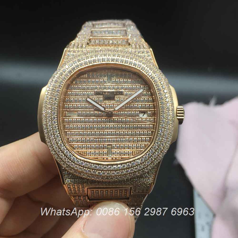 P180XJ108, Patek iced out rose gold automatic full diamonds