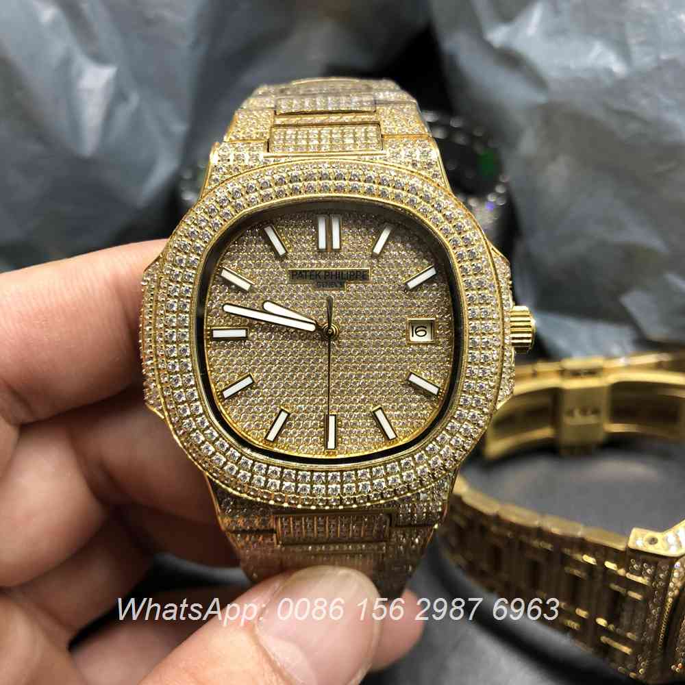 P180BL109, Patek yellow gold full iced out automatic watch