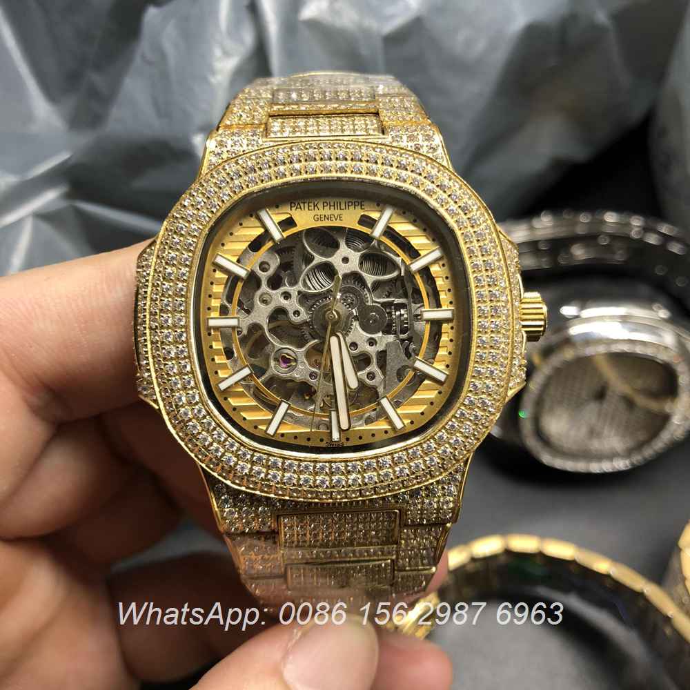 P180BL110, Patek skeleton iced out yellow gold case automatic