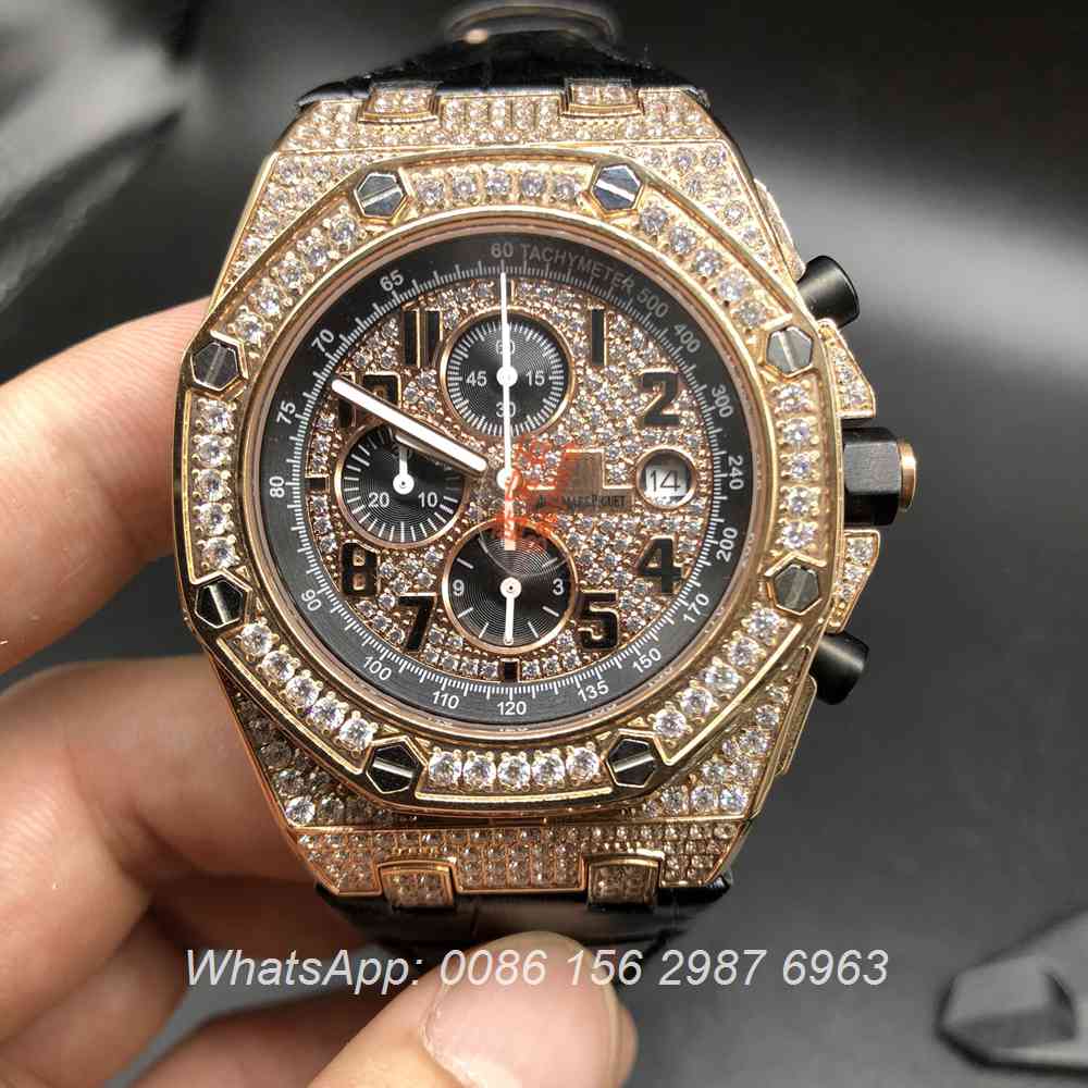 A075XJ111, AP diamonds rose gold case quartz movement black leather