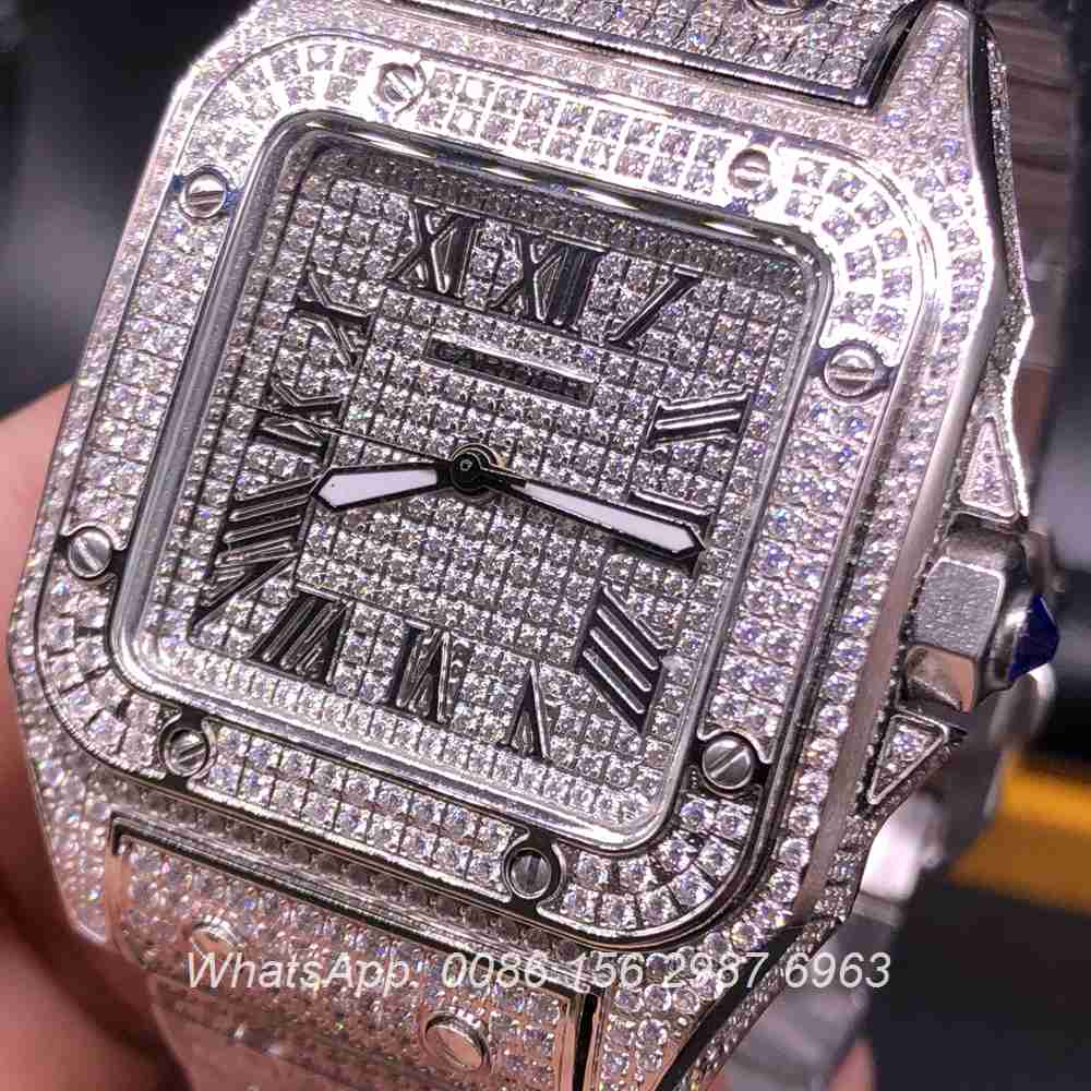 C160Z118, Cartier Santos full iced out silver case diamonds dial quartz ...