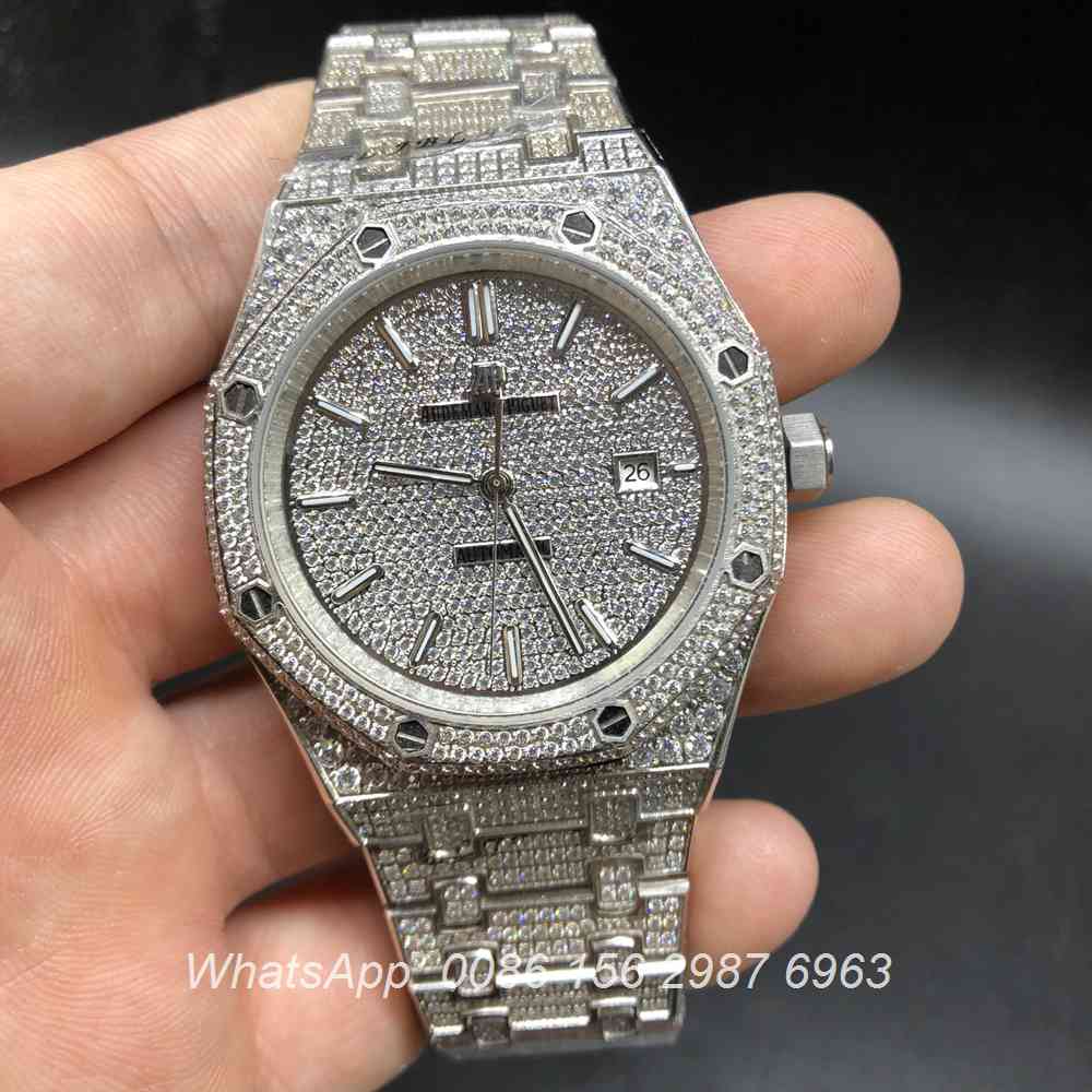 A180BL121, AP full iced out silver watch diamonds dial double row bezel