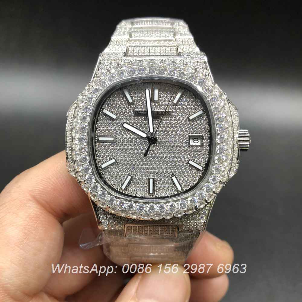 P190BL131, Patek Philippe iced silver big diamonds bezel automatic watch