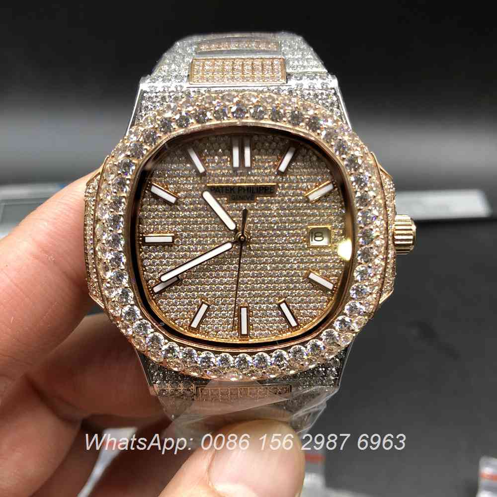 P190BL132, Patek Philippe iced rose gold 2tone big diamonds bezel men's watch