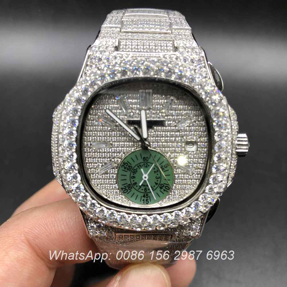 P240BL134, Patek Philippe iced silver green pearl sub-dial at 6 clock works