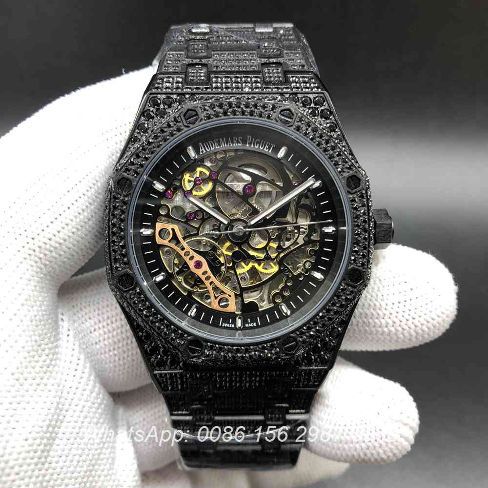 A180BL135, AP iced black skeleton case men size 42mm full diamonds automatic watch