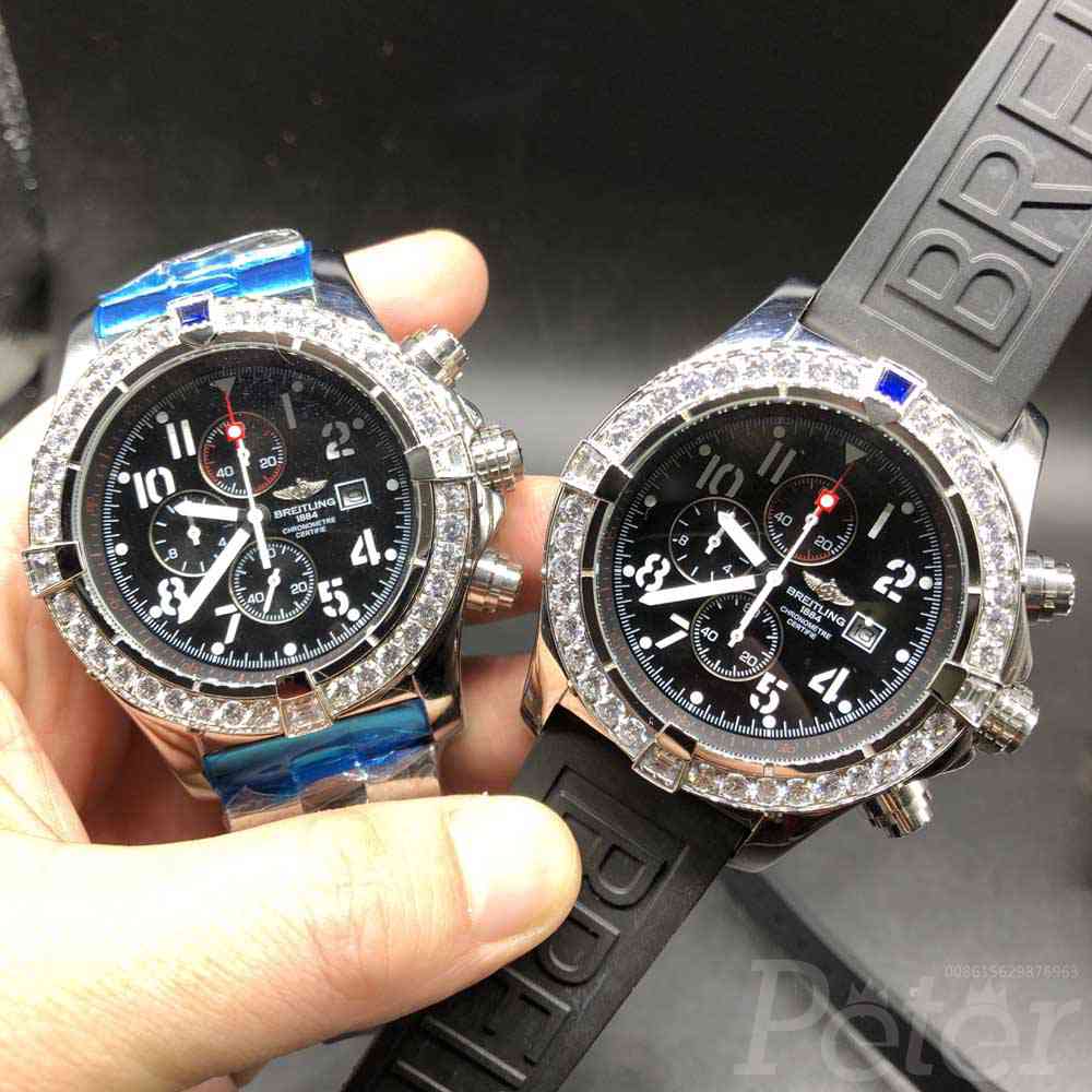 B035M159, Breitling silver/black quartz movement diamonds bezel men's watches