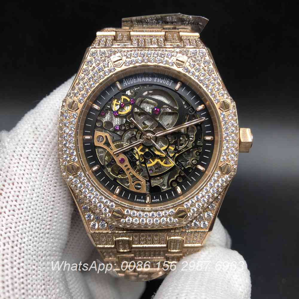 A180BL143, AP full iced rose gold skeleton automatic watch 41mm