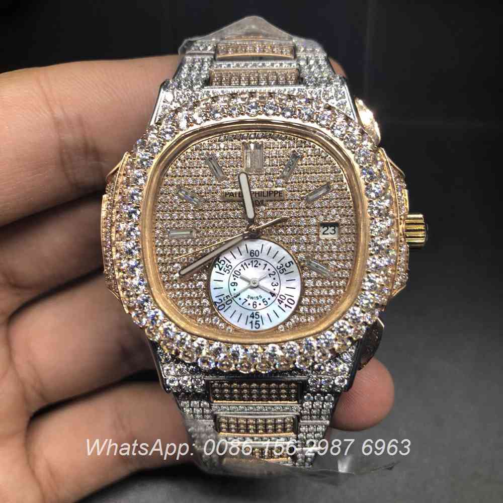 P240BL145, Patek iced rose gold 2tone automatic 40mm big diamonds bezel