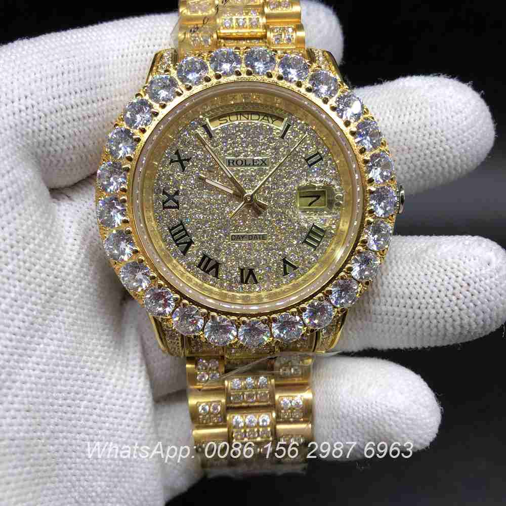 R098BL148, DayDate gold prongset diamonds bezel 43mm automatic watch