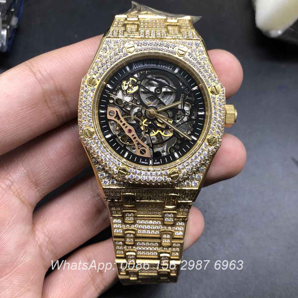 A18BL184, AP skeleton iced shiny yellow gold case automatic watch