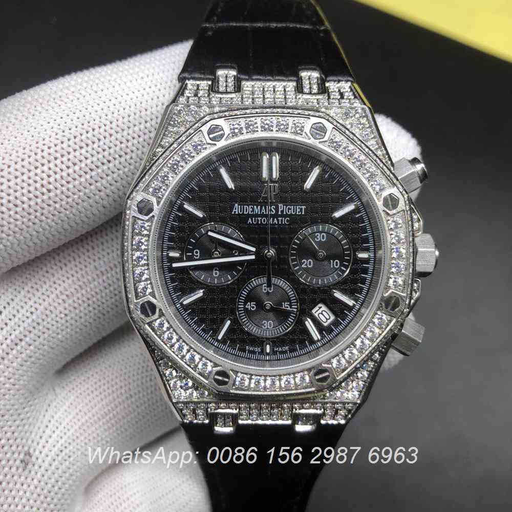 A07BL182, AP diamonds silver chronograph quartz leather strap shiny stones