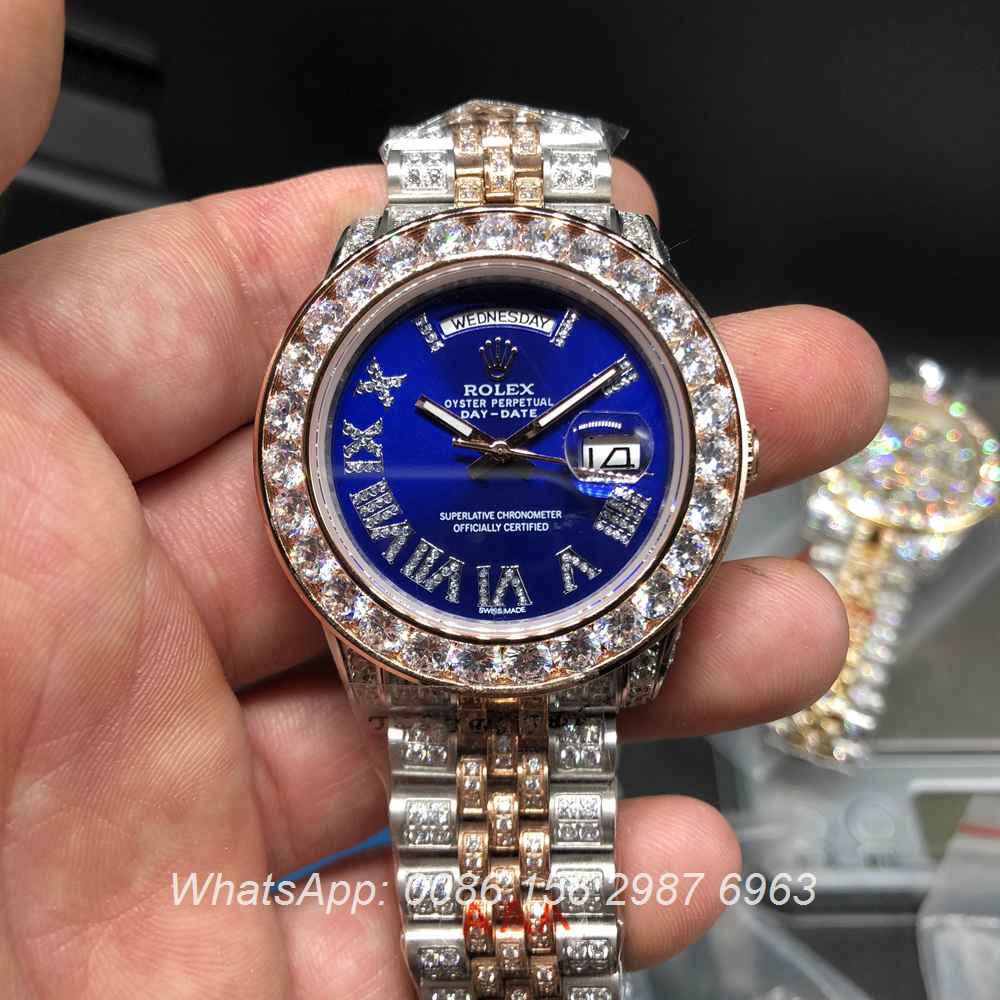 R105MH193, DayDate rose gold 2tone case with blue dial shiny diamonds