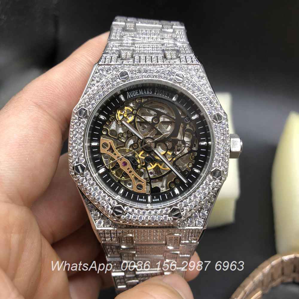 A18BL185, AP iced silver shiny diamonds automatic watch skeleton