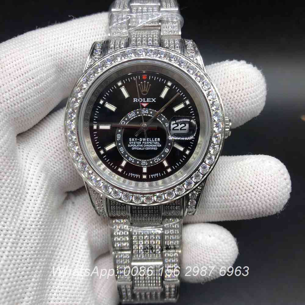 R105MH190, Sky-Dweller full diamonds silver case with oyster strap