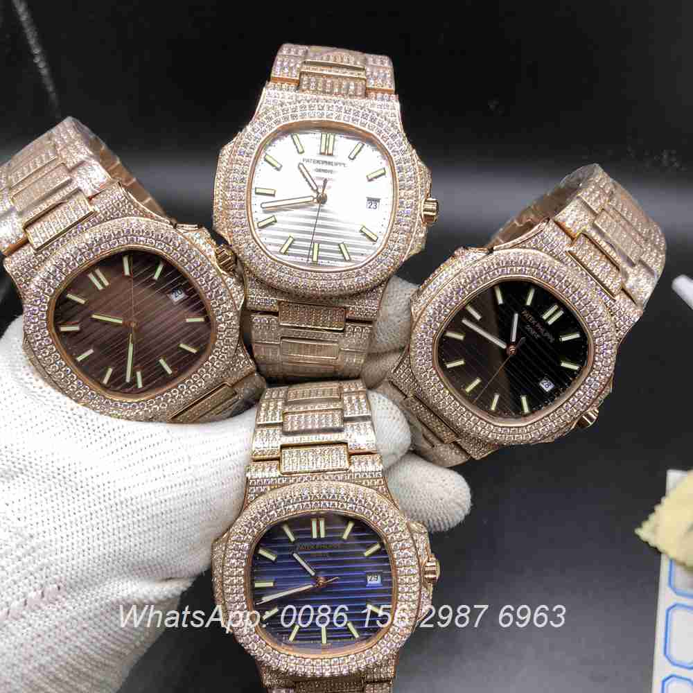 P120M200, Patek shiny diamonds rose gold case with different colors dial