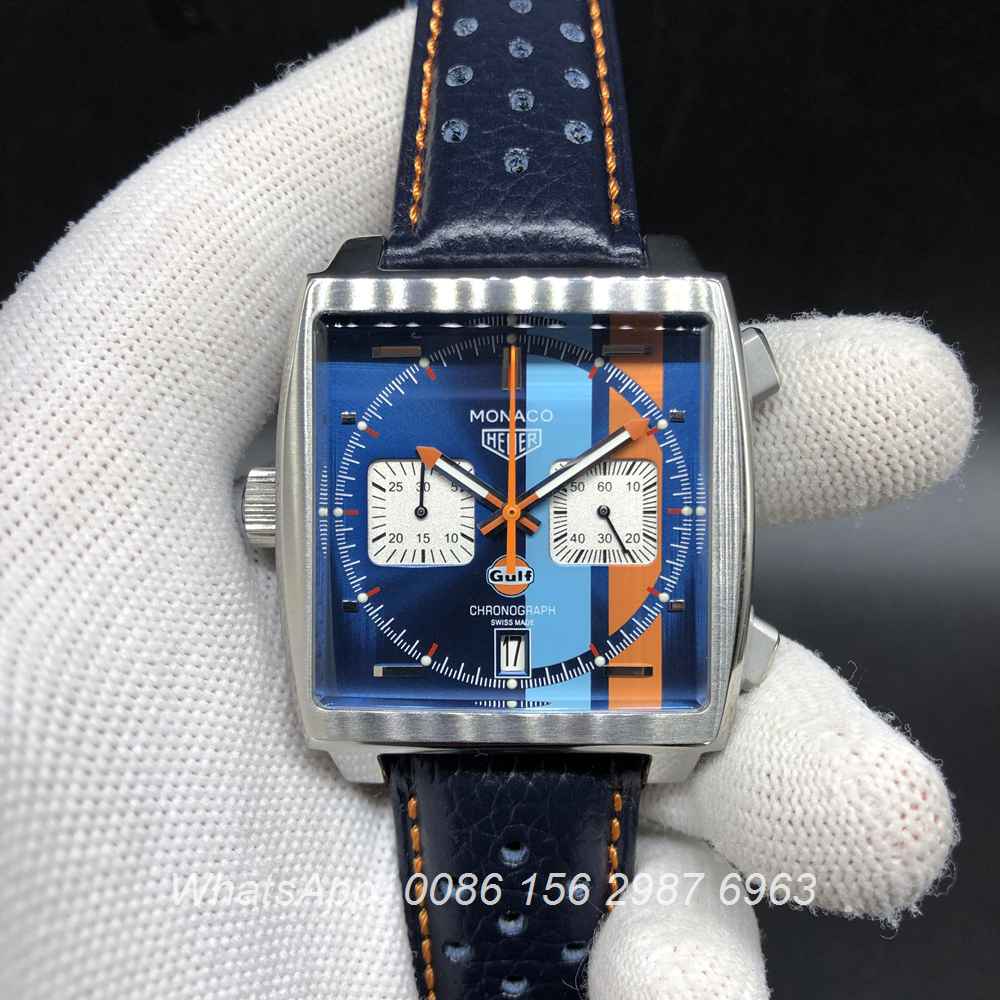 T028M216, TAG Monaco quartz blue face with blue leather