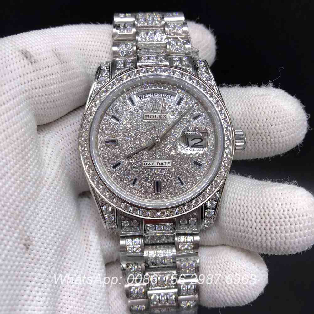 R092M219, DayDate iced silver diamonds face automatic shiny watch