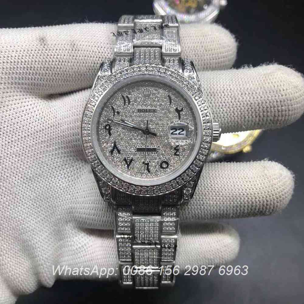 R102MH222, Datejust arabic iced silver automatic 37mm oyster strap shiny diamonds watch