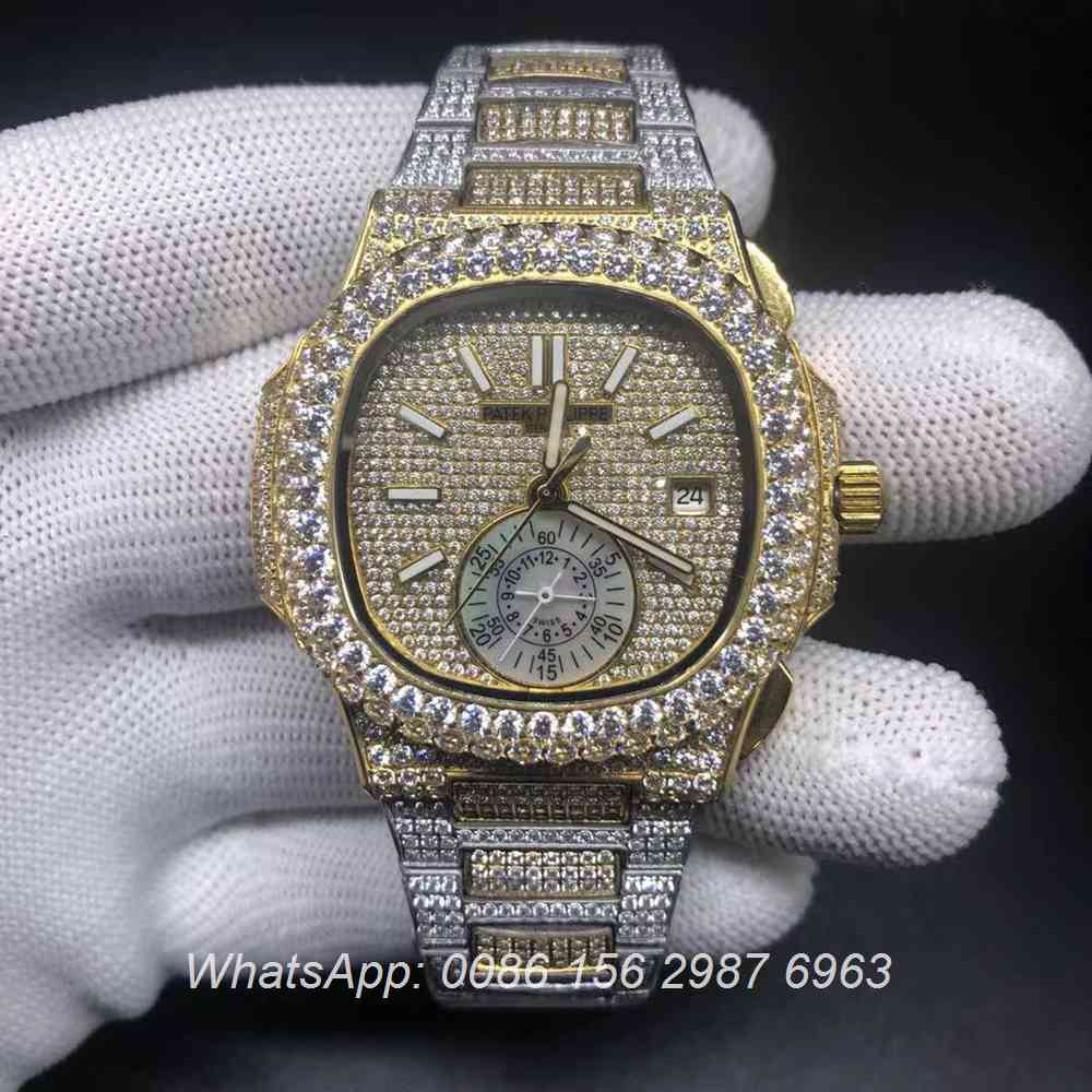 P240BL223, Patek iced bi-color yellow gold and silver big diamonds bezel