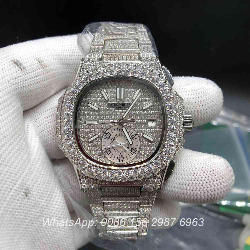 P240BL226, Patek 5980 iced silver automatic shiny diamonds watch