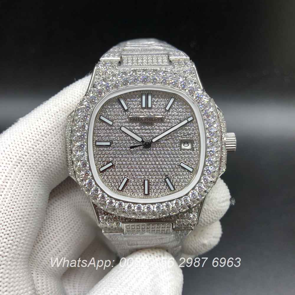 P190BL227, Patek 5711 iced silver shiny diamonds automatic glass back 2813