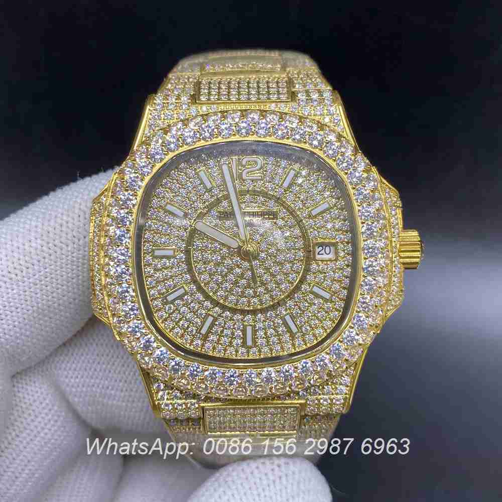 P190BL228, Patek iced yellow gold case automatic men's diamonds watch