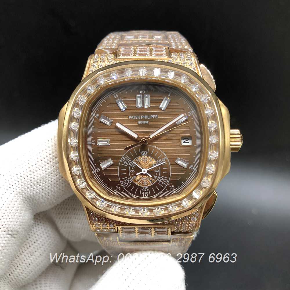 P240BL229, Patek 5980 iced rose gold case brown face baguette diamonds