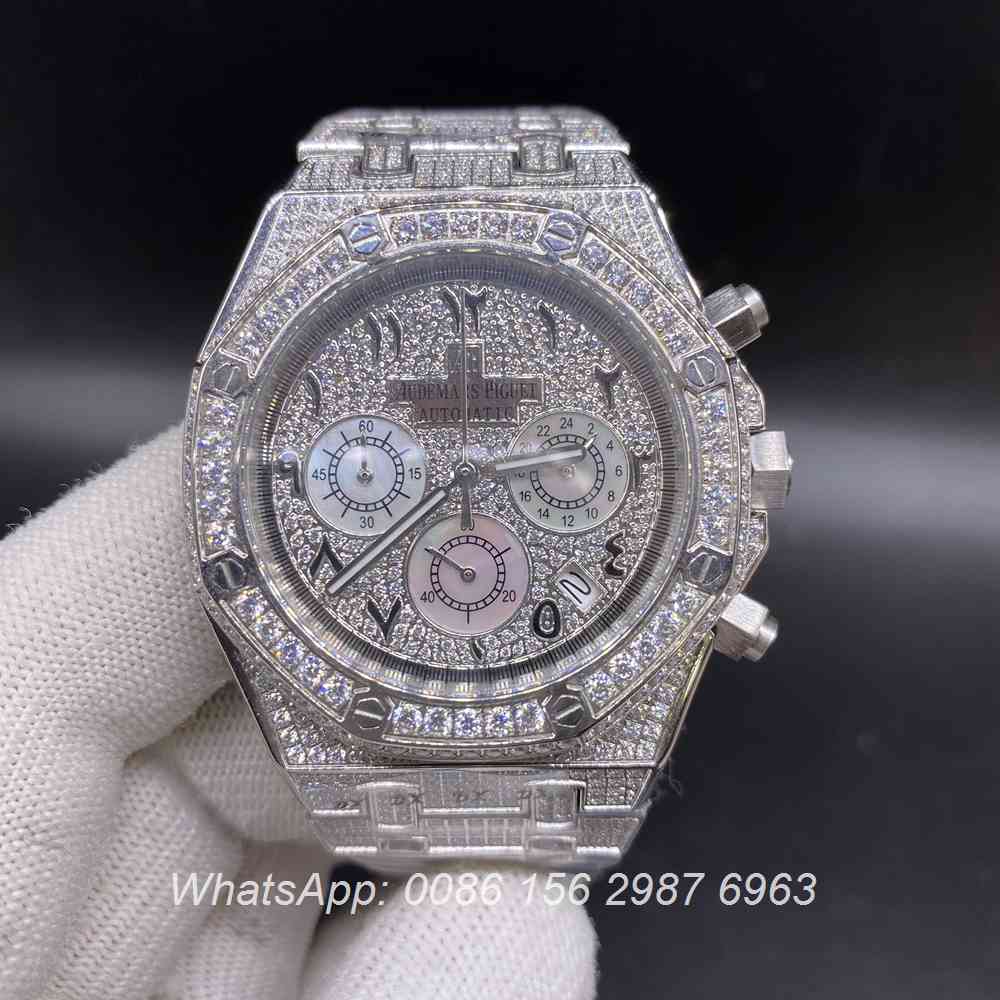 A120M225, AP arabic numbers quartz chronograph full works diamonds silver case