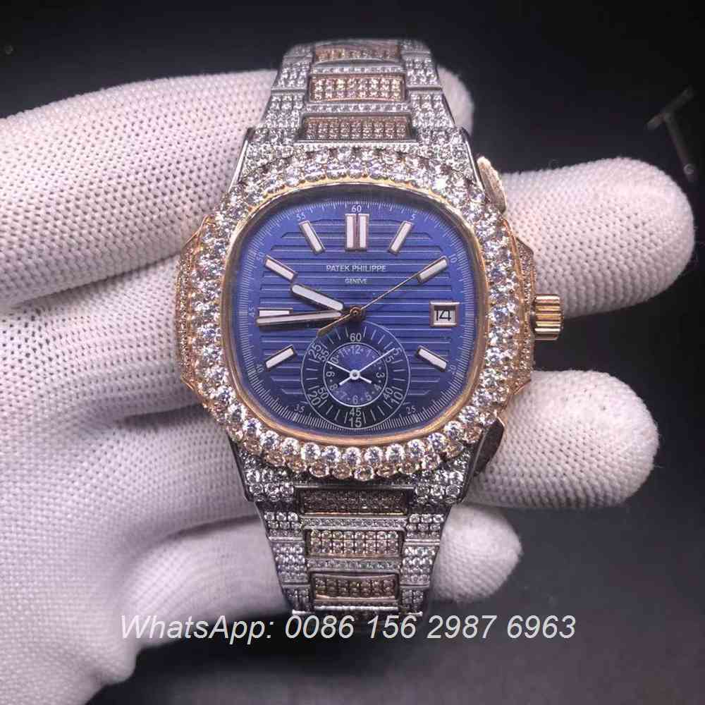 P230BL230, Patek rose gold 2tone diamonds case blue dial automatic watch