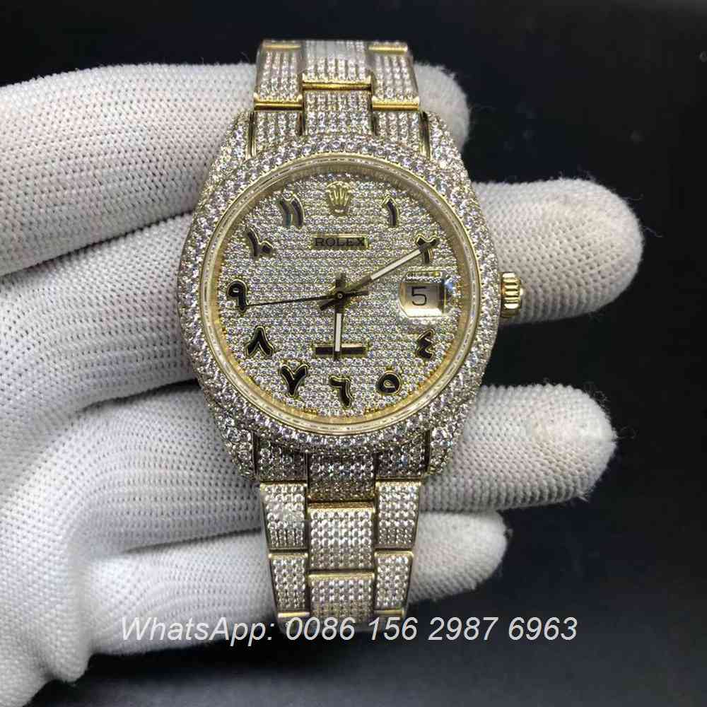 R270XD253, Datejust full iced gold case with arabic numbers more diamonds swarovski