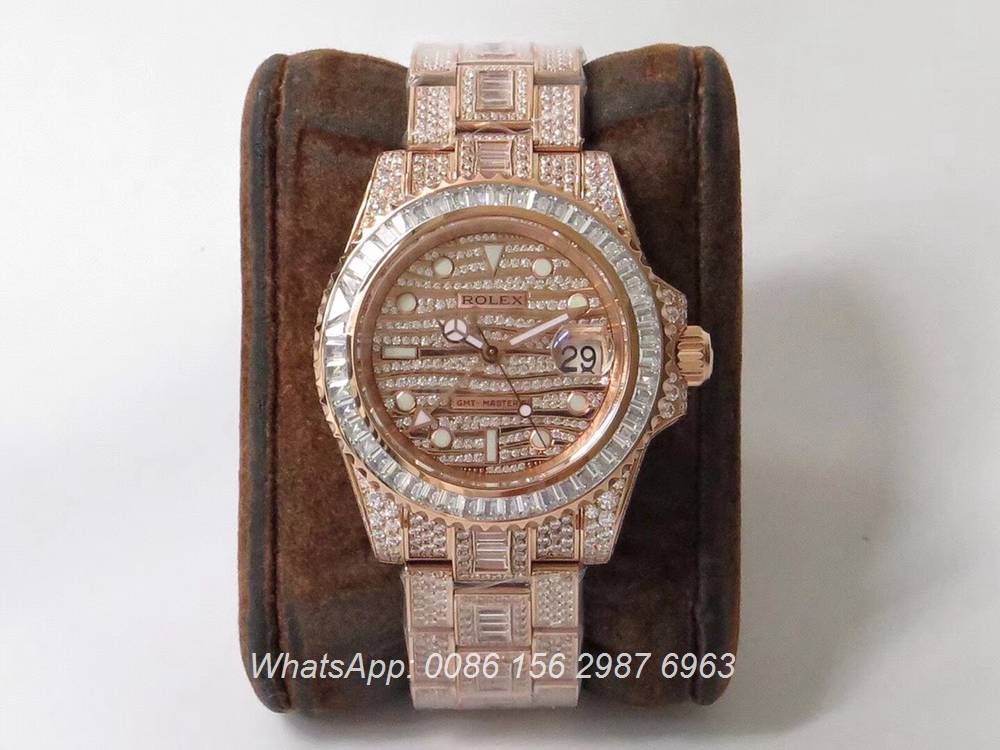 R305WT251, GMT iced rose gold luxury TW factory 2824 shiny diamonds