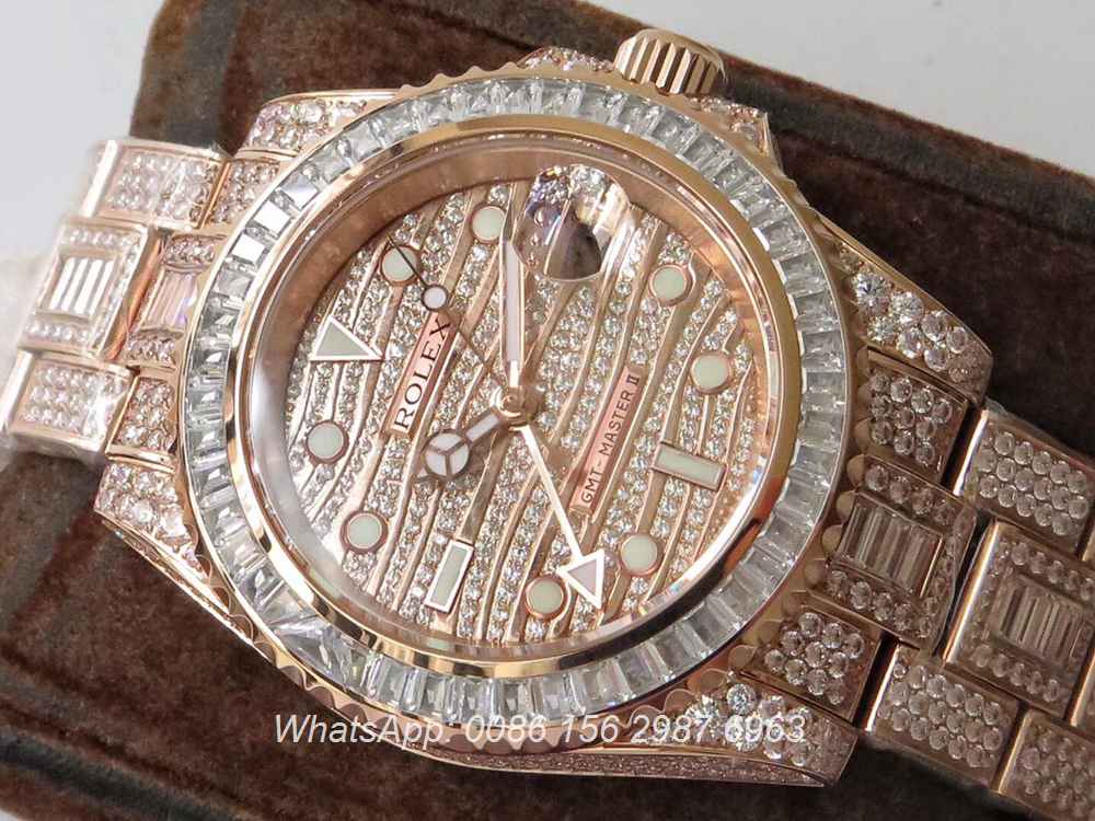 R305WT251, GMT iced rose gold luxury TW factory 2824 shiny diamonds