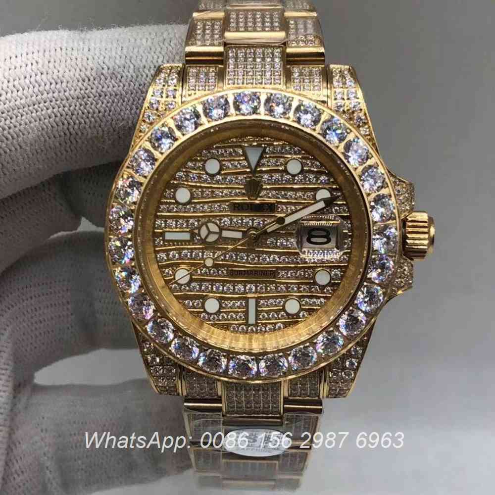 R120M236, SUB iced gold case AAA grade automatic full diamonds watch