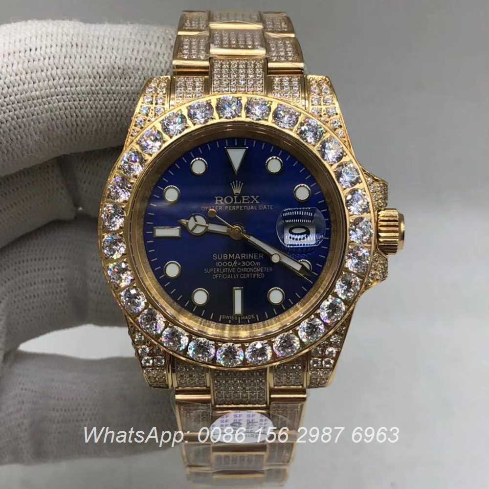R120M235, SUB diamonds gold case blue face AAA 2813 automatic watch