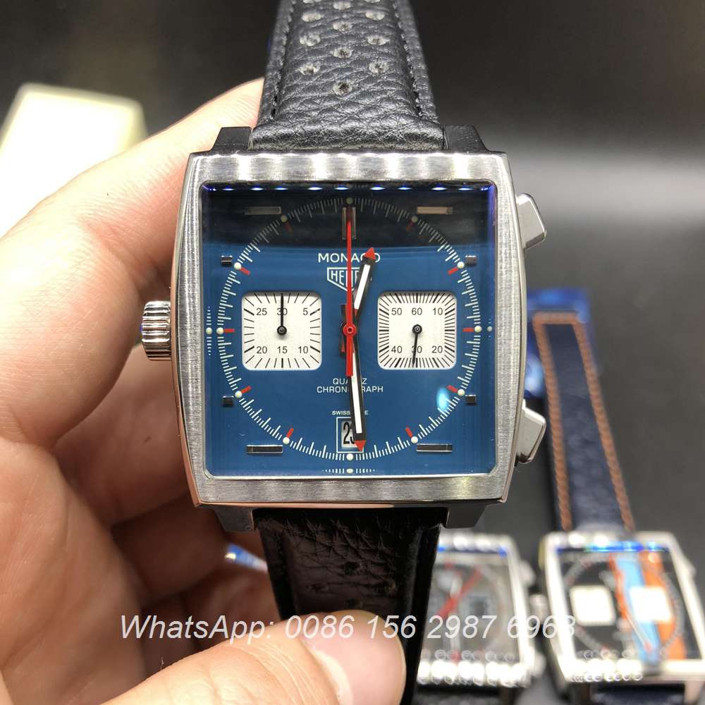 T028M255, TAG Monaco quartz silver case with blue chrono dial 40mm