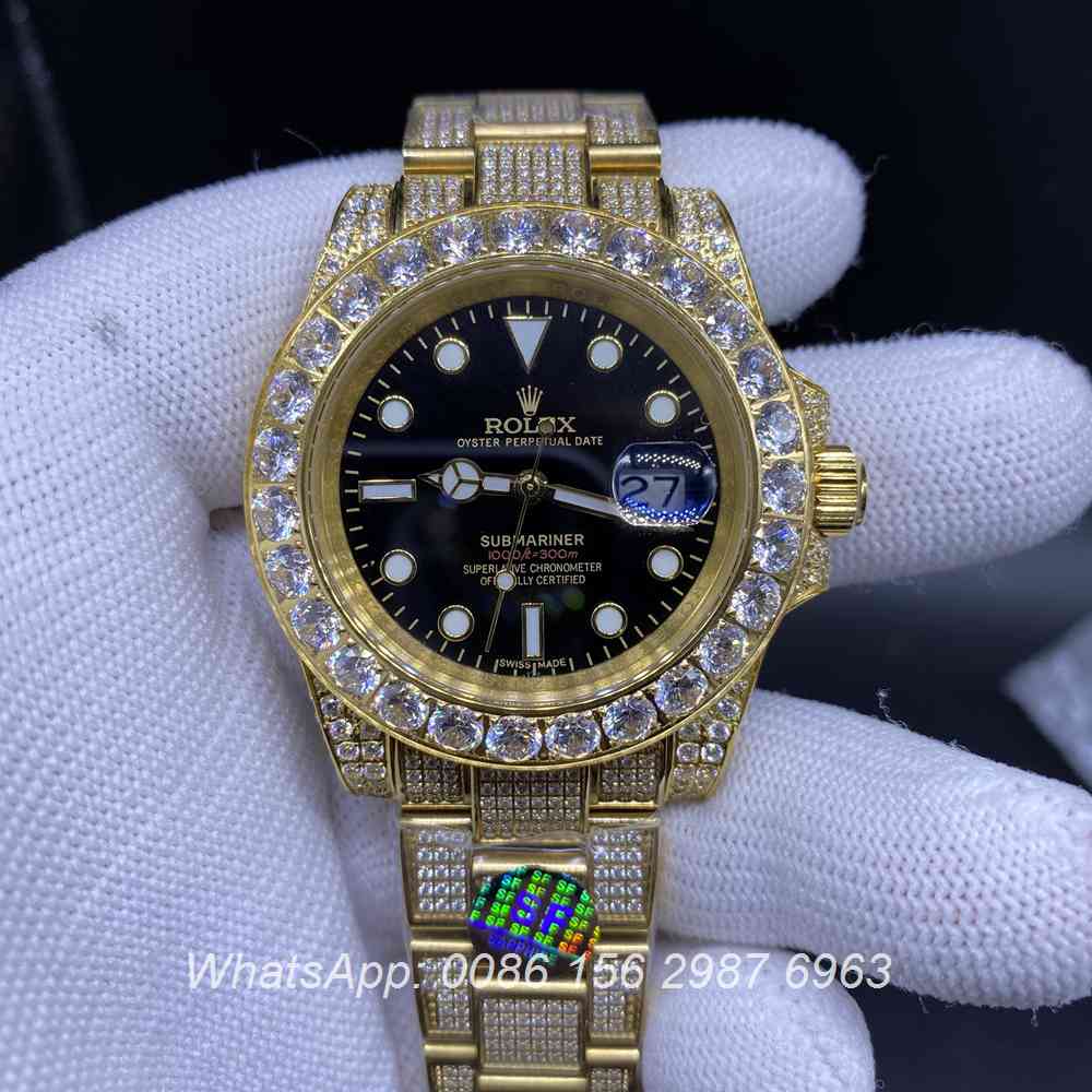 R100M269, SUB iced gold case with black dial shiny diamonds automatic men's watch