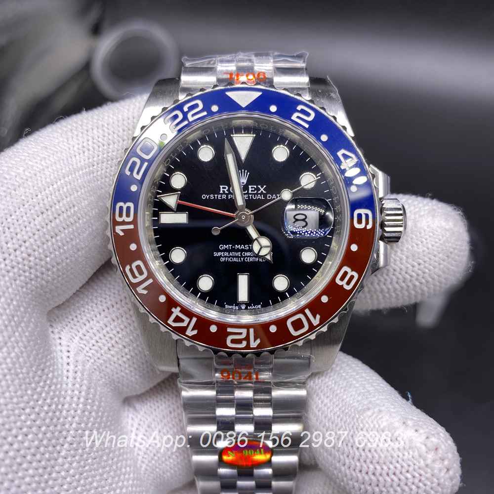 R305WT256, GMT Noob 904 steel 3285 movement jubilee strap red/blue bezel