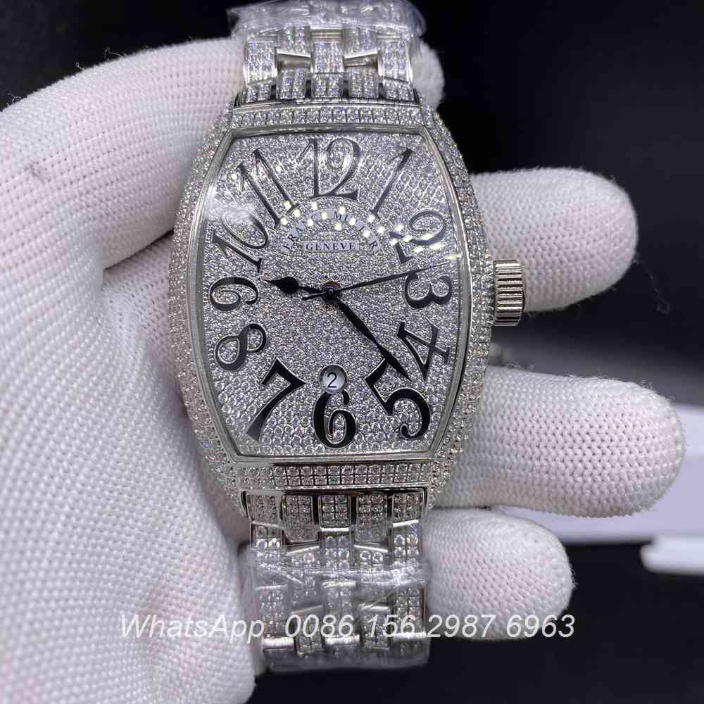 F190BL257, FM iced silver shiny diamonds automatic tonneau men's watch