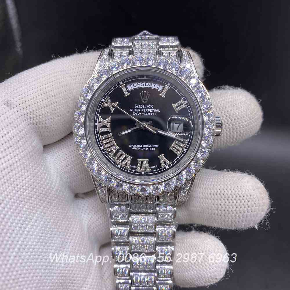 R200M270, DayDate iced silver case with Roman numerals black dial 42mm high grade