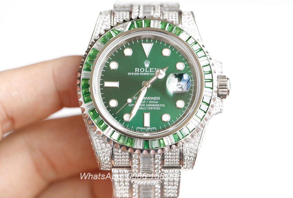 R290XD280, SUB diamonds baguette silver case with green dial 3135 movement 904L