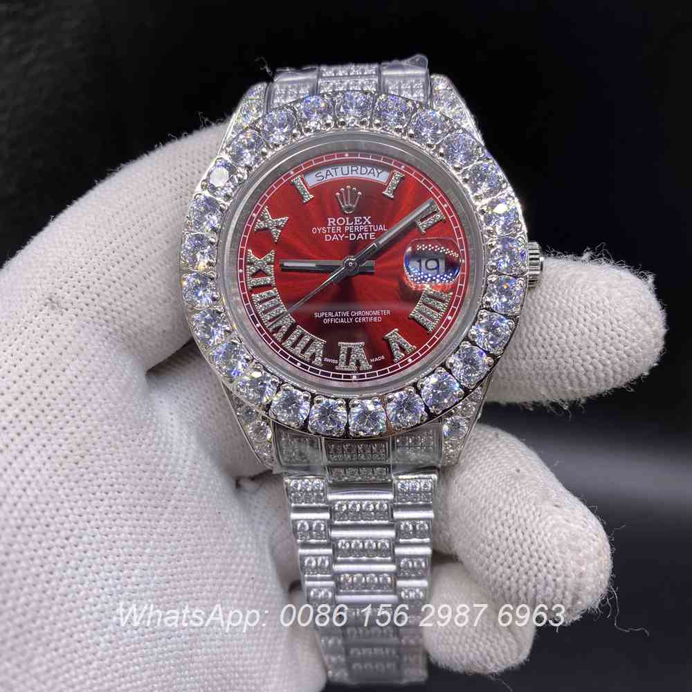 R110SF288, DayDate iced silver case 43mm with red dial Roman numbers AAA automatic