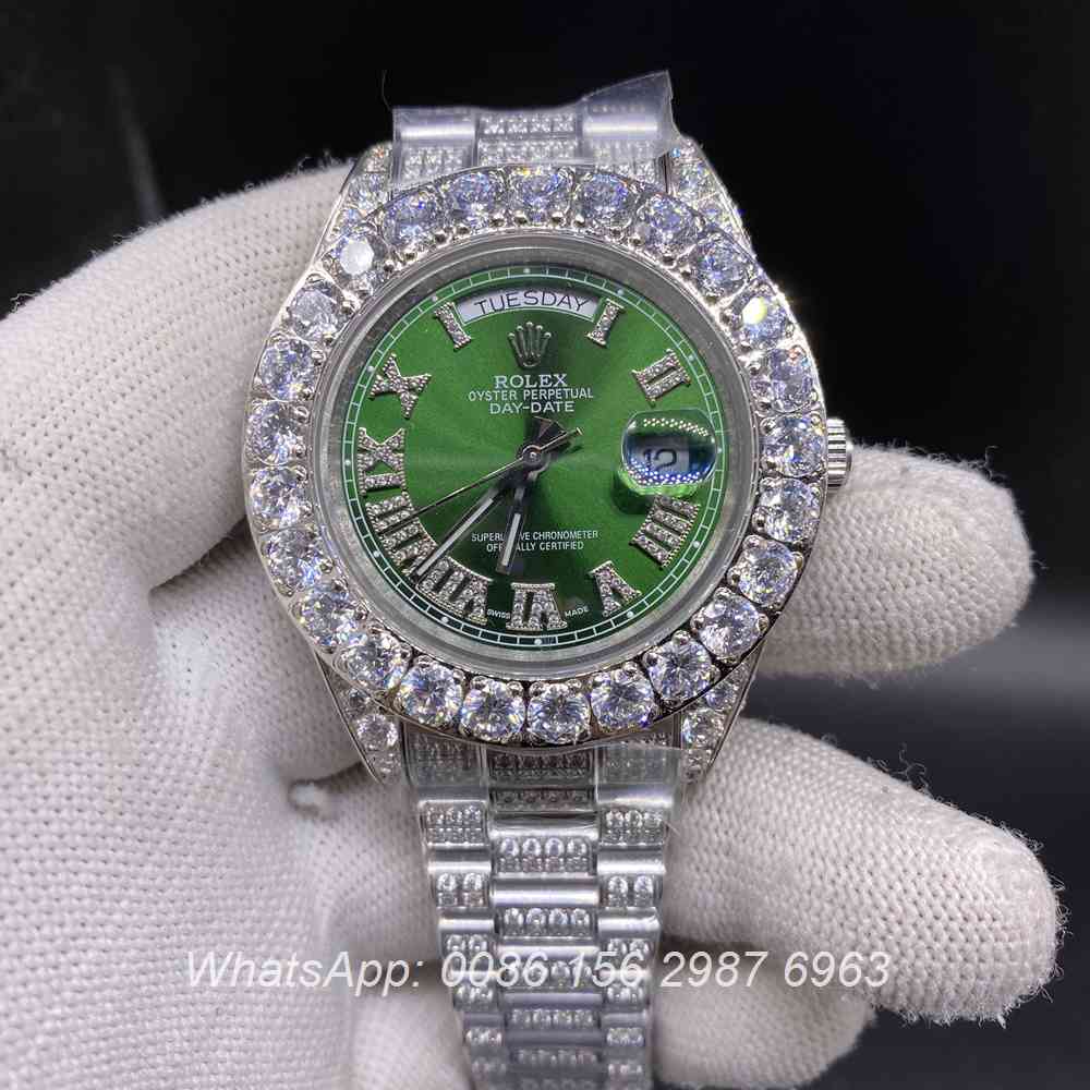 R110SF289, DayDate iced silver case with green dial prongset diamonds bezel automatic watch